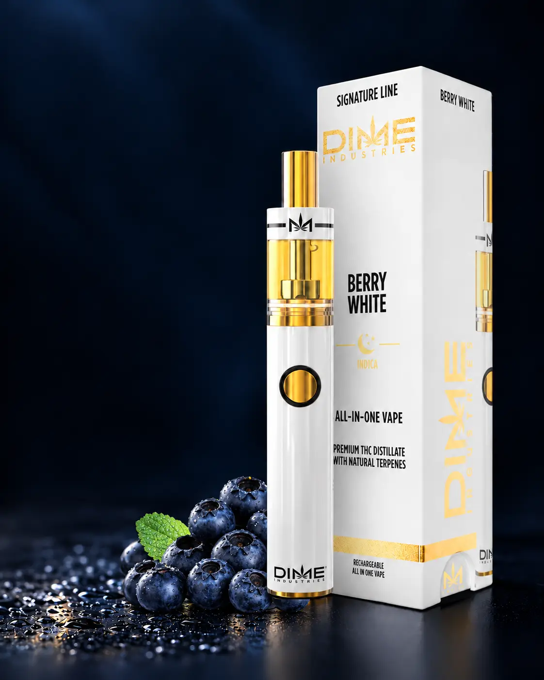 Vaporizador Dime Berry White Signature Line y empaque blanco con arándanos.