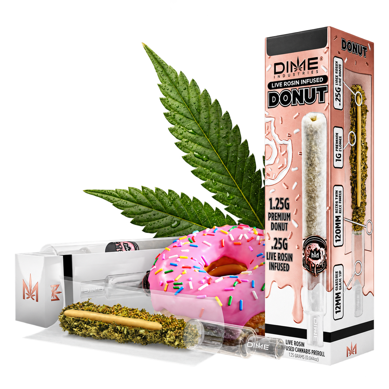 DIME Donut live rosin preroll with product packaging, pink donut, and cannabis leaves