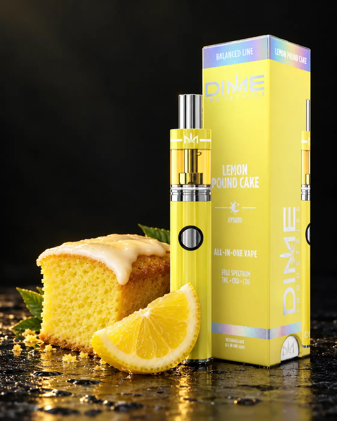 Dime Lemon Pound Cake Balanced Line vape and packaging with lemon and pound cake.