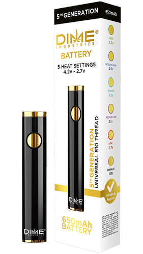 Black Dime 5th Generation battery with gold accents and matching packaging.