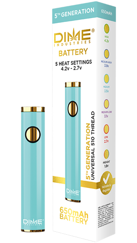 Aqua Dime 5th Generation battery with gold accents and matching packaging.