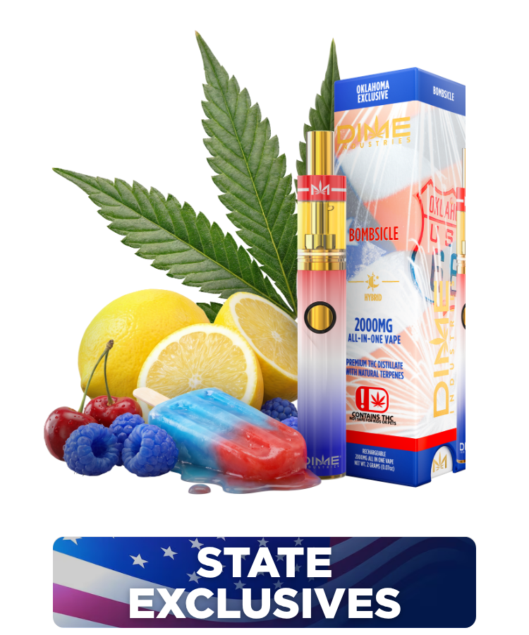 Dime Bombsicle State Exclusive vape and Oklahoma packaging with fruit and a red-white-blue ice pop.