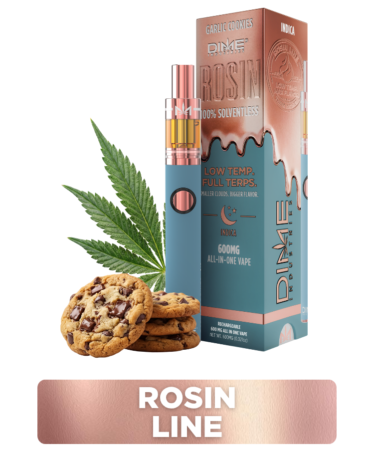 Dime Garlic Cookies Rosin Line vape and rose-gold packaging with cookies.