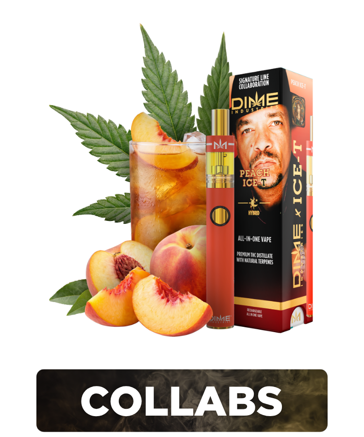 Dime Peach Ice-T collaboration vape and packaging with peaches and iced tea.