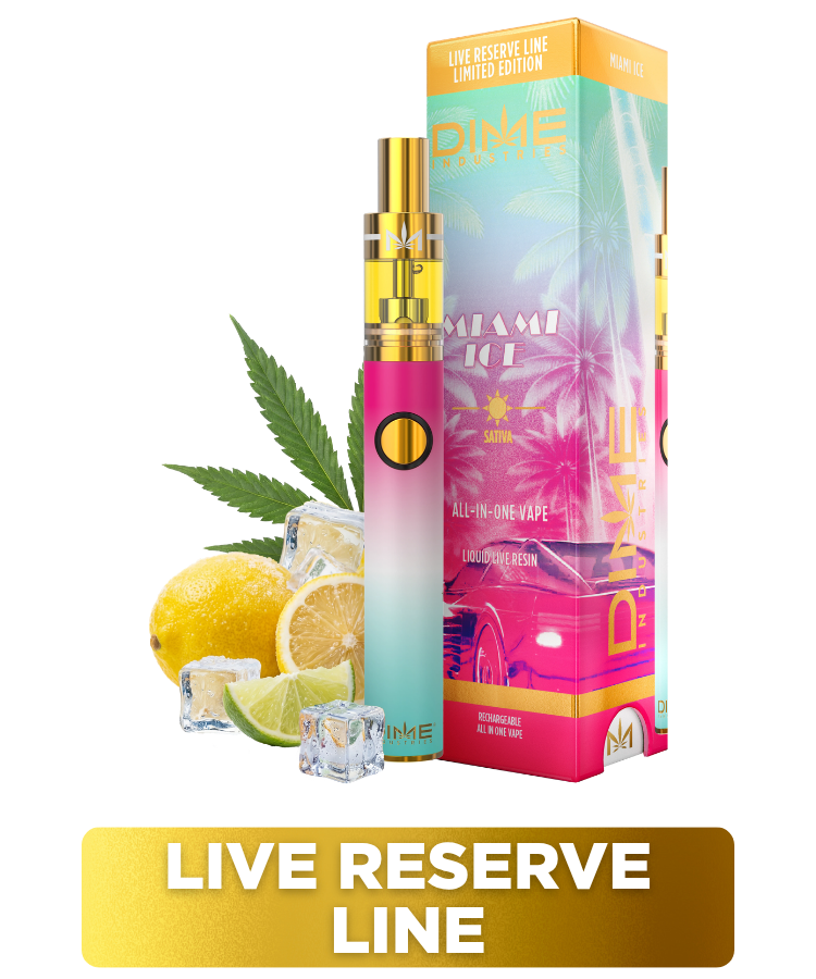 Dime Miami Ice Live Reserve vape and gradient packaging with citrus and ice.