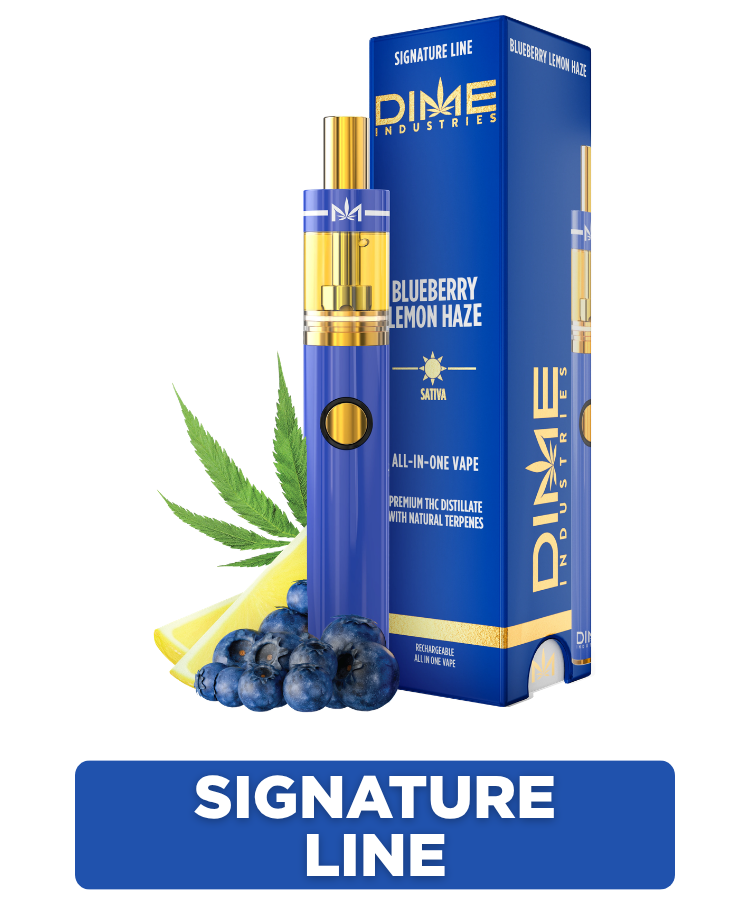 Dime Blueberry Lemon Haze Signature Line vape and blue packaging with blueberries and lemon.