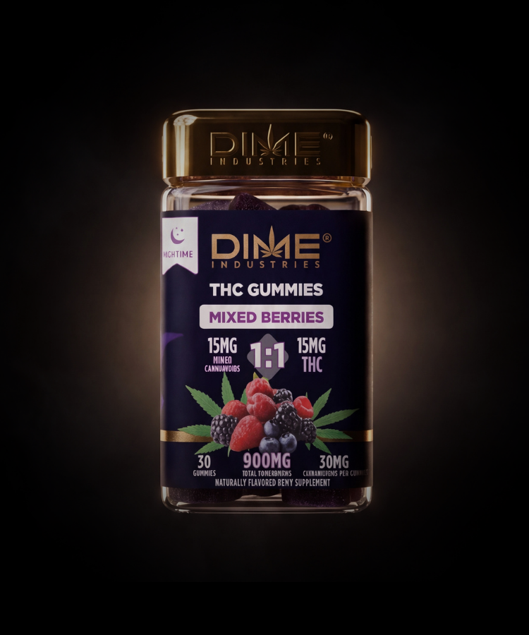 Dime Mixed Berries gummies jar with a gold lid and purple label.