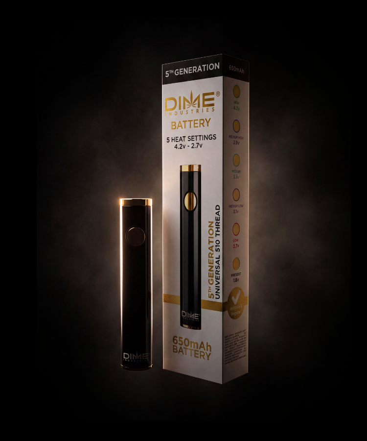 Black Dime 5th Generation battery with gold accents and matching packaging.
